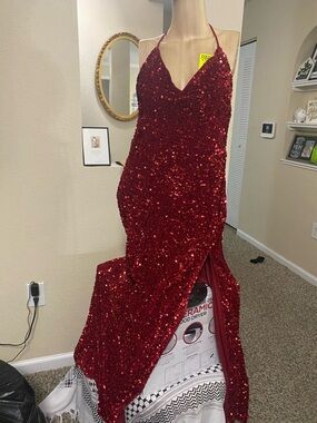 Sequined Red Halter Evening Gown